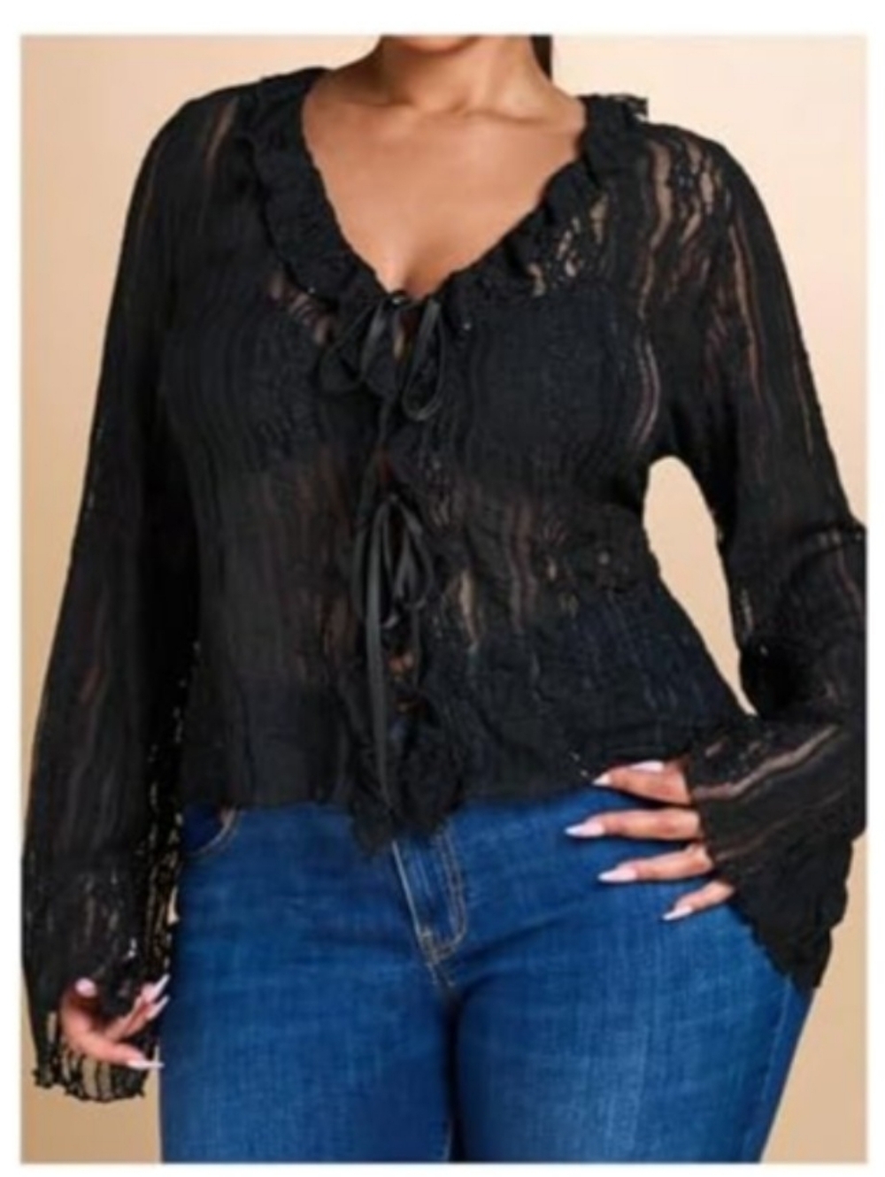 Women's Black Lacey Bow Tie  V neck Blouse With Ruffle Trim